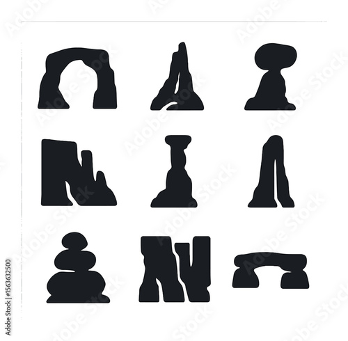 Iconic Rock Formations Grid. Solid, filled icons set of iconic rock formations: natural arch, sandstone spire,