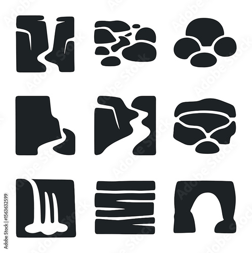 River Rock Icon Set. Solid, filled icons set of river-carved rock features: canyon gorge, rocky riverbed,