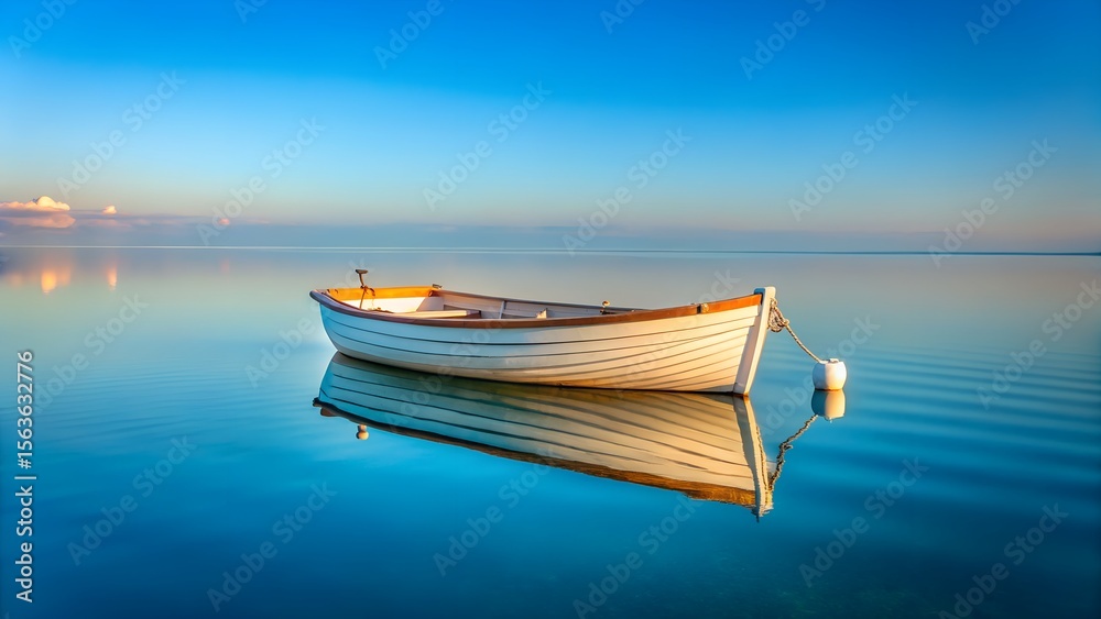 Naklejka premium A white rowboat rests peacefully on a calm, blue lake, reflecting the clear sky above in a serene and tranquil scene