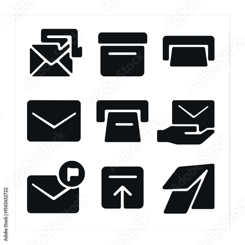 Mail Slot Icons. Solid, filled icons set of traditional mailbox slots: envelope entering slot, closed mailbox,