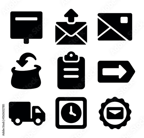 Outgoing Mail Icons. Solid, filled icons set of outgoing mail slots: outgoing slot icon, letter with arrow,