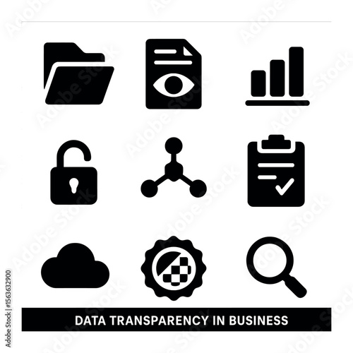 Data Transparency Icons. Solid, filled icons set of data transparency in business: open file, eye over