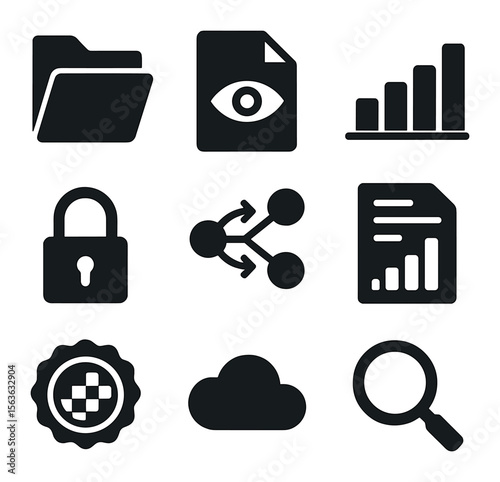 Data Transparency Icons. Solid, filled icons set of data transparency in business: open file, eye over