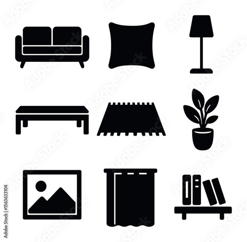 Modern Living Room Icons. Solid, filled icons set of modern living room sofas: sleek sofa, throw pillow, floor