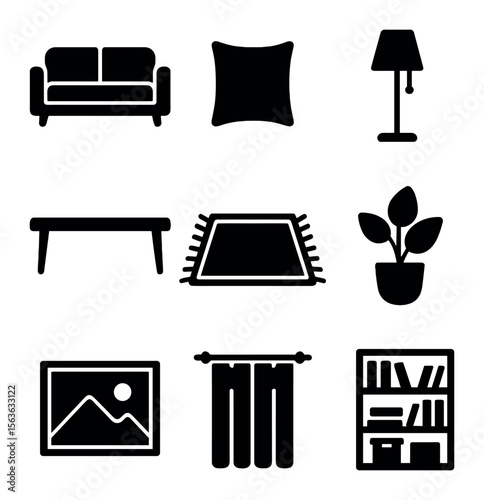 Modern Living Room Icons. Solid, filled icons set of modern living room sofas: sleek sofa, throw pillow, floor