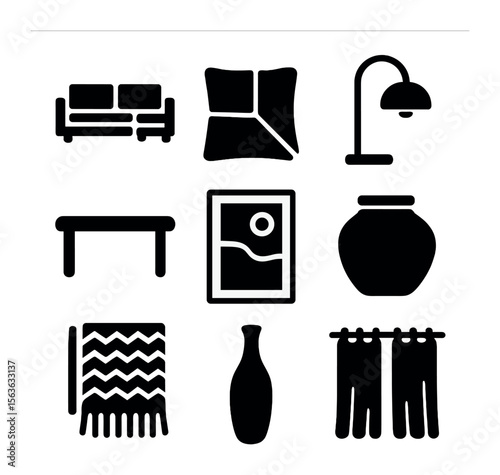 Modern Lounge Icon Set. Solid, filled icons set of contemporary lounge spaces: L-shaped sofa, color block