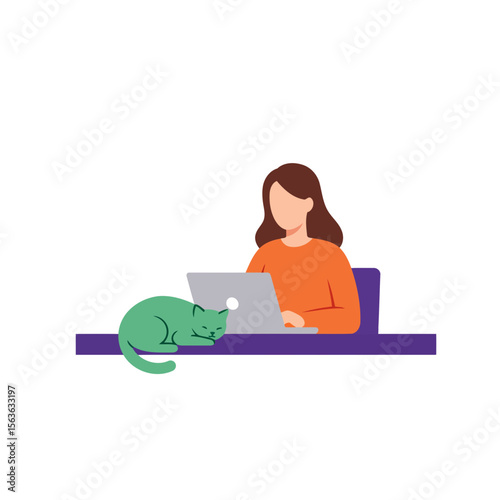 Cozy Workspace: A person, engaged in work, shares the space with a resting cat, creating a simple yet charming scene