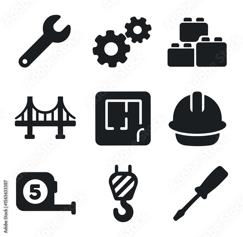 Engineering Icon Grid. Solid, filled icons set of engineering activities: wrench, gear set, building blocks,