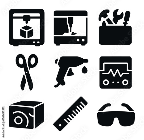 Makerspace Tool Icons. Solid, filled icons set of makerspace tools: 3D printer, laser cutter, tool caddy,