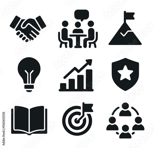 Corporate Culture Icons. Solid, filled icons set of corporate culture development: handshake icon, team