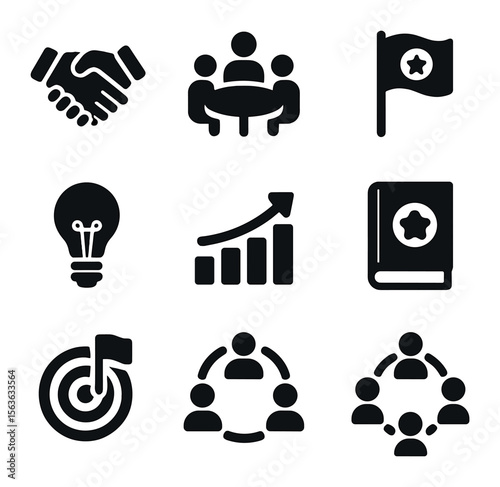 Corporate Culture Icons. Solid, filled icons set of corporate culture development: handshake icon, team