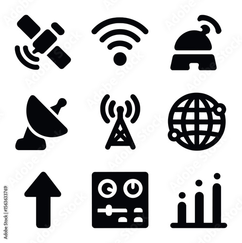 Satellite Communication Icons. Solid, filled icons set of satellite communication systems: orbiting satellite,
