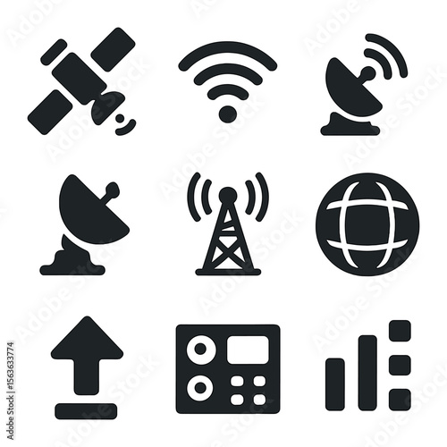 Satellite Communication Icons. Solid, filled icons set of satellite communication systems: orbiting satellite,