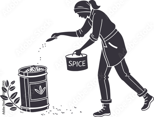 A stylized illustration of a woman adding spice from a container into a barrel with a botanical element