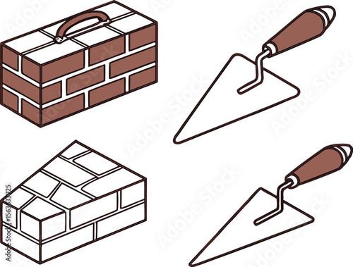 Isometric view construction tools and building blocks illustrating bricklaying and construction work with a minimalist artistic approach.
