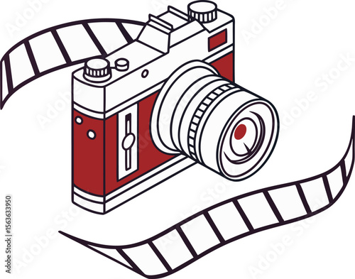 Vector illustration of a vintage red and white camera with a film strip wrapping around it capturing a classic photography theme.