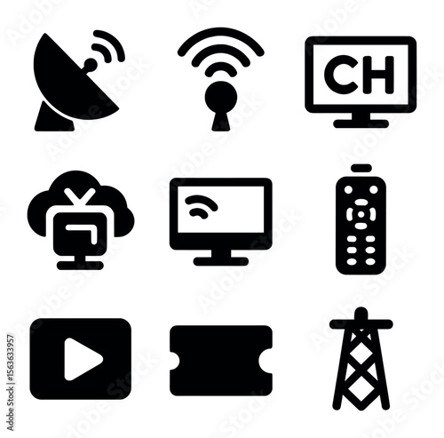 Satellite TV Icons Grid. Solid, filled icons set of satellite TV and broadcasting: TV satellite dish,