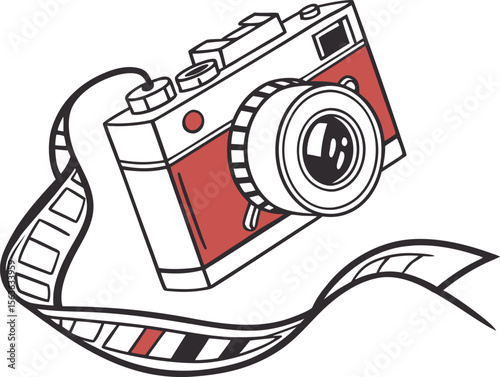 A vintage red and white camera with film strip creating a simple graphic design element for photography concepts.
