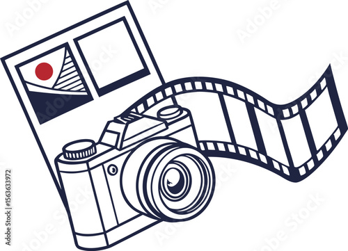 Illustrated camera film strip and photographs symbolizing capturing memories photography and visual storytelling concept.