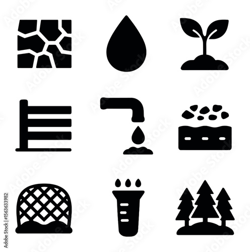 Desertification Prevention Icons. Solid, filled icons set of desertification prevention: cracked soil, water
