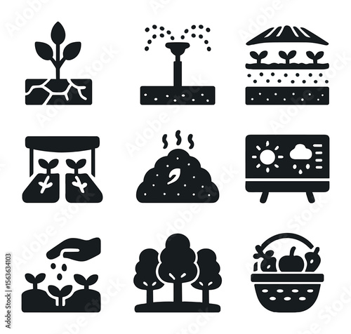 Arid Agriculture Icons. Solid, filled icons set of sustainable agriculture in arid zones: drought-tolerant