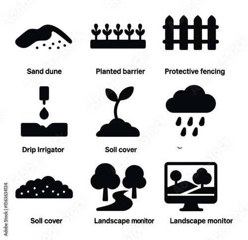 Desert Combat Icon Set. Solid, filled icons set of combating desert spread: sand dune icon, planted barrier,
