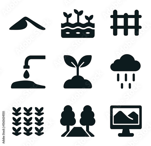 Desert Combat Icon Set. Solid, filled icons set of combating desert spread: sand dune icon, planted barrier,