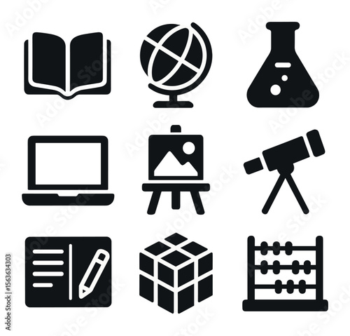 Educational Family Icons. Solid, filled icons set of educational family moments: open book, globe icon,