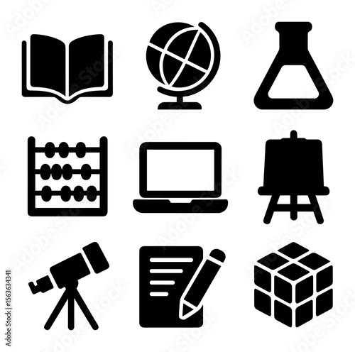 Educational Family Icons. Solid, filled icons set of educational family moments: open book, globe icon,