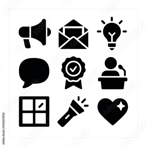 Honest Expression Icons. Solid, filled icons set of honest expression tools: megaphone, open envelope, idea