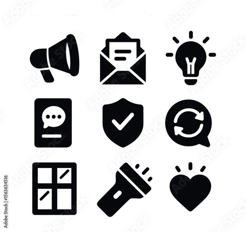 Honest Expression Icons. Solid, filled icons set of honest expression tools: megaphone, open envelope, idea