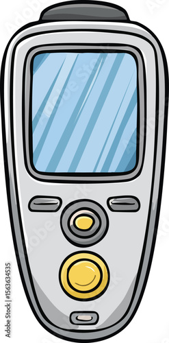 Cartoon illustration of a simple modern medical device with a screen and buttons for diagnostics and monitoring.