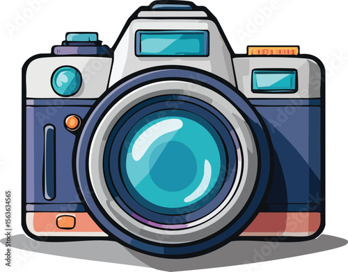 Vector illustration of a detailed professional digital camera with bright blue lens and classic design aesthetic