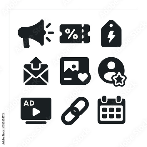 Marketing Icons Grid. Solid, filled icons set of marketing and promotion tools: megaphone icon, coupon ticket,