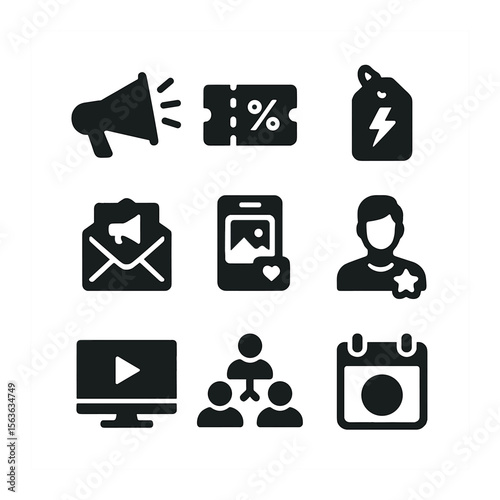 Marketing Icons Grid. Solid, filled icons set of marketing and promotion tools: megaphone icon, coupon ticket,