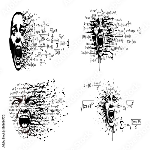 Distressed faces screaming surrounded by complex mathematical equations and formulas, anxiety and intellectual overload on transparent background.