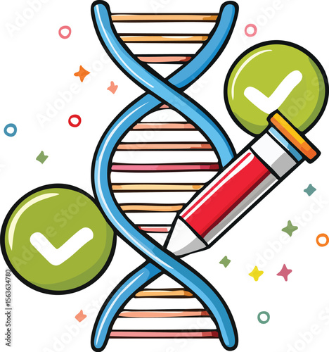 Simplified illustration of dna helix with blood sample test and approved check marks showcasing genetic science research