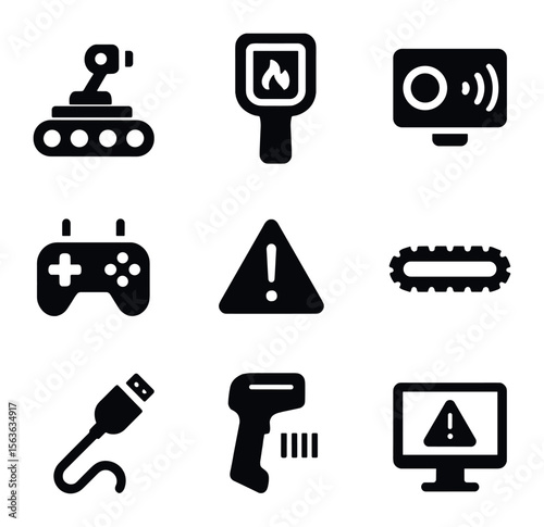 Robotic Inspection Icons. Solid, filled icons set of robotic inspection units: inspection crawler, thermal