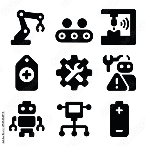 Smart Factory Icons. Solid, filled icons set of smart factory repair bots: assembly robot, conveyor belt,