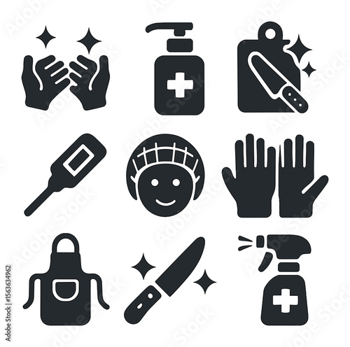 Hygienic Food Handling Icons. Solid, filled icons set of hygienic food handling: clean hands, soap dispenser,