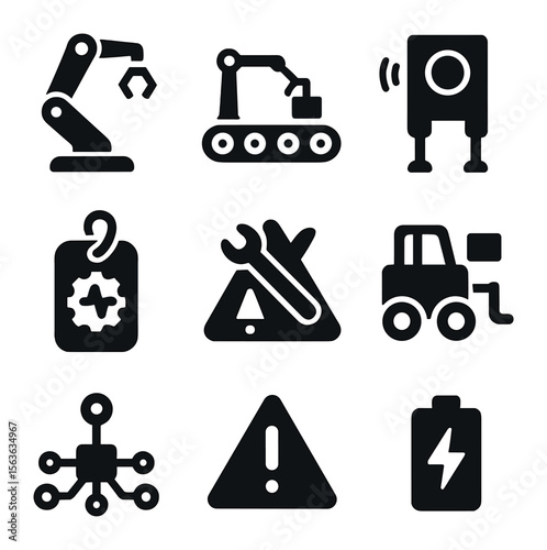 Smart Factory Icons. Solid, filled icons set of smart factory repair bots: assembly robot, conveyor belt,
