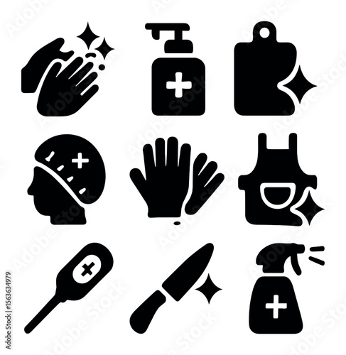 Hygienic Food Handling Icons. Solid, filled icons set of hygienic food handling: clean hands, soap dispenser,