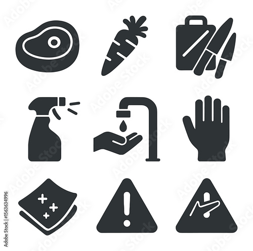Food Safety Icons. Solid, filled icons set of cross-contamination prevention: raw meat icon, vegetable icon,