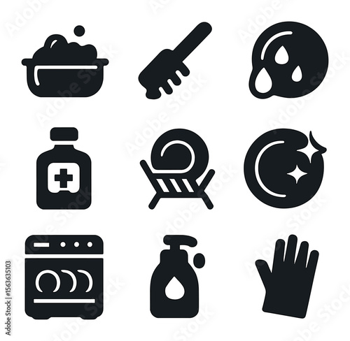 Dishwashing Steps Icons. Solid, filled icons set of proper dishwashing steps: sink with bubbles, scrubbing