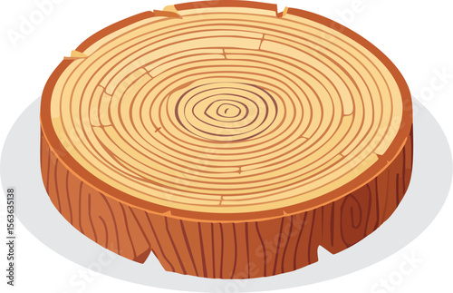 Flat vector illustration of a detailed wood slice displaying annual rings and natural wood grain textures