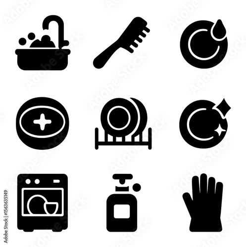 Dishwashing Steps Icons. Solid, filled icons set of proper dishwashing steps: sink with bubbles, scrubbing
