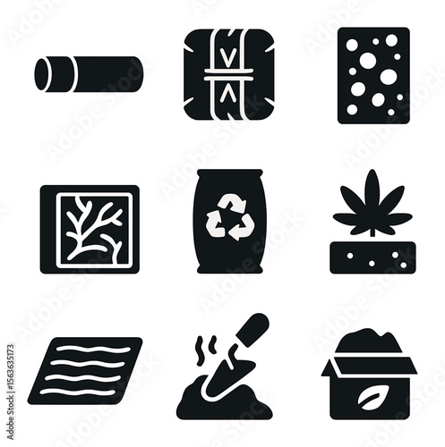 Biodegradable Building Icons. Solid, filled icons set of biodegradable building materials: bamboo beam, straw