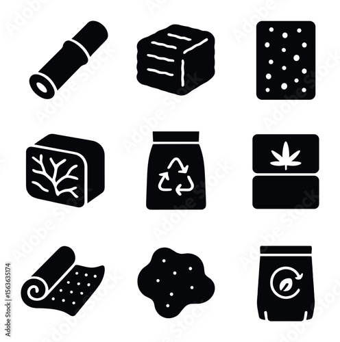Biodegradable Building Icons. Solid, filled icons set of biodegradable building materials: bamboo beam, straw