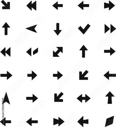 Collection of various black directional arrows and navigation symbols on a white background