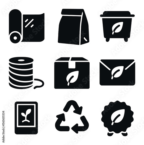 Eco-Friendly Packaging Icons. Solid, filled icons set of compostable packaging and delivery: biodegradable